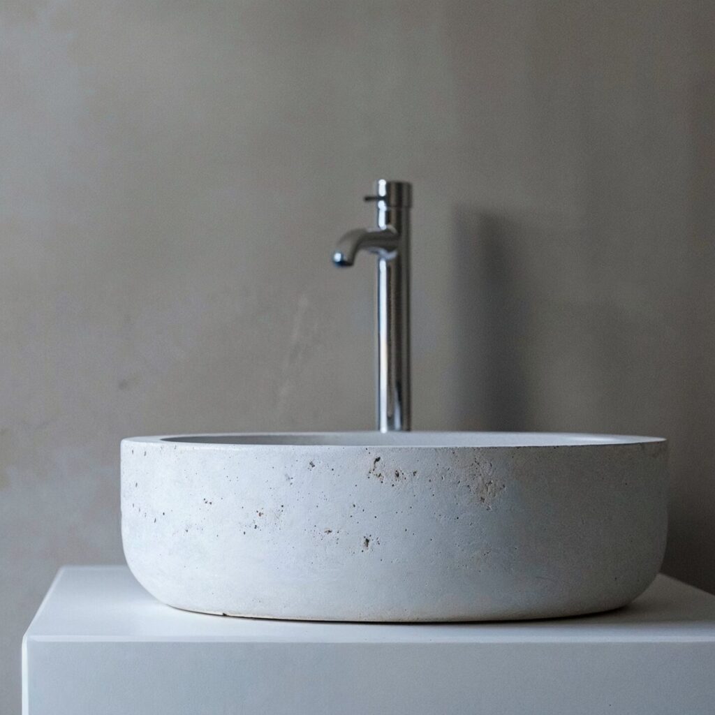 A minimal modern concrete round sculpture sink with a stainless steel faucet, centered on a white wall with a grey background and soft lighting in a closeup shot.