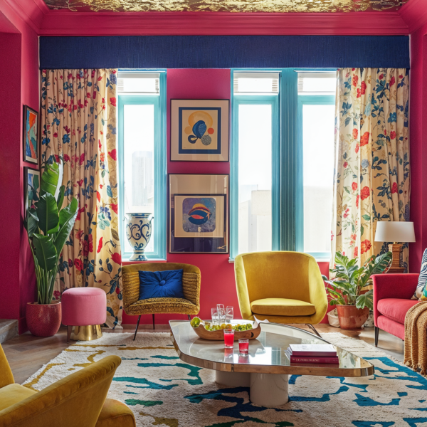 A bold and vibrant living room highlighting maximalism in design. Mixing of bright colors, patterns and textures.