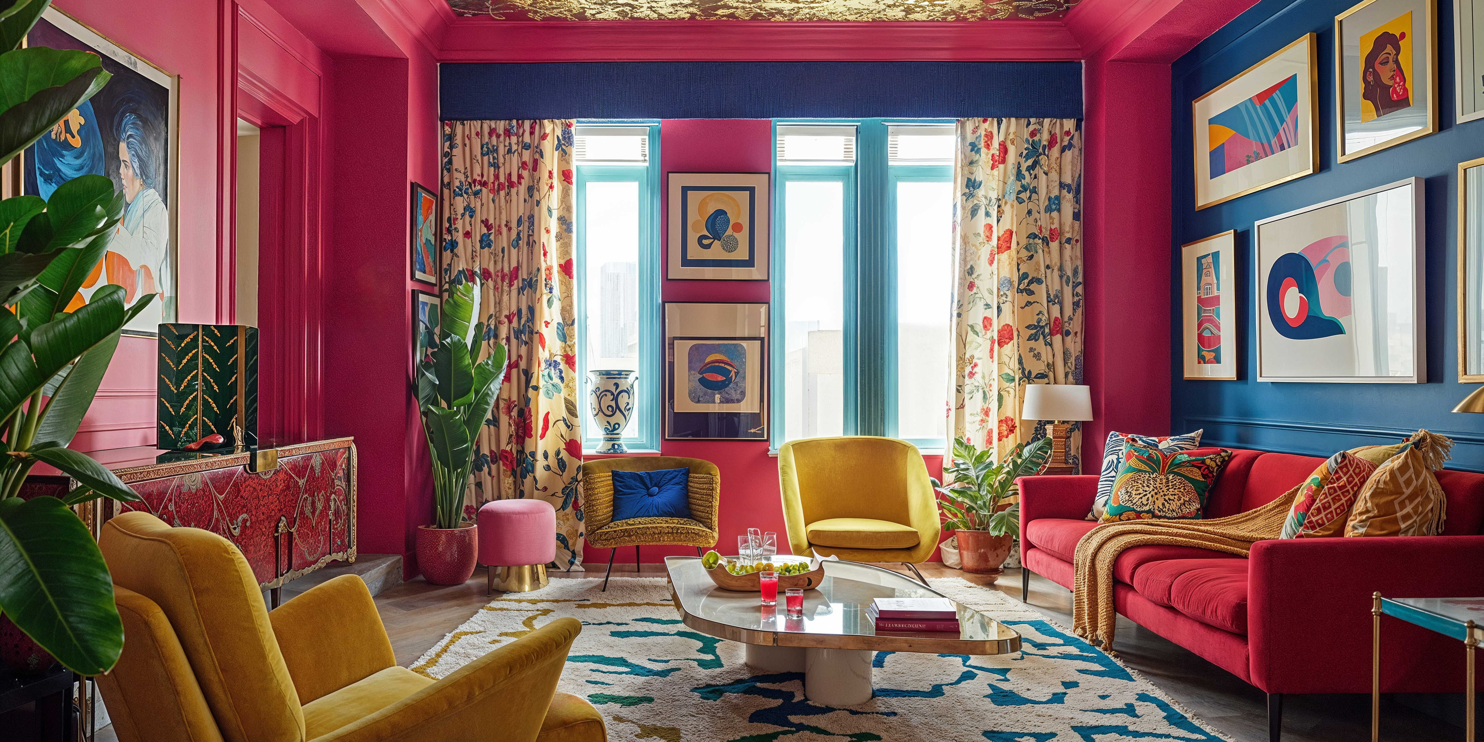 A bold and vibrant living room highlighting maximalism in design. Mixing of bright colors, patterns and textures.