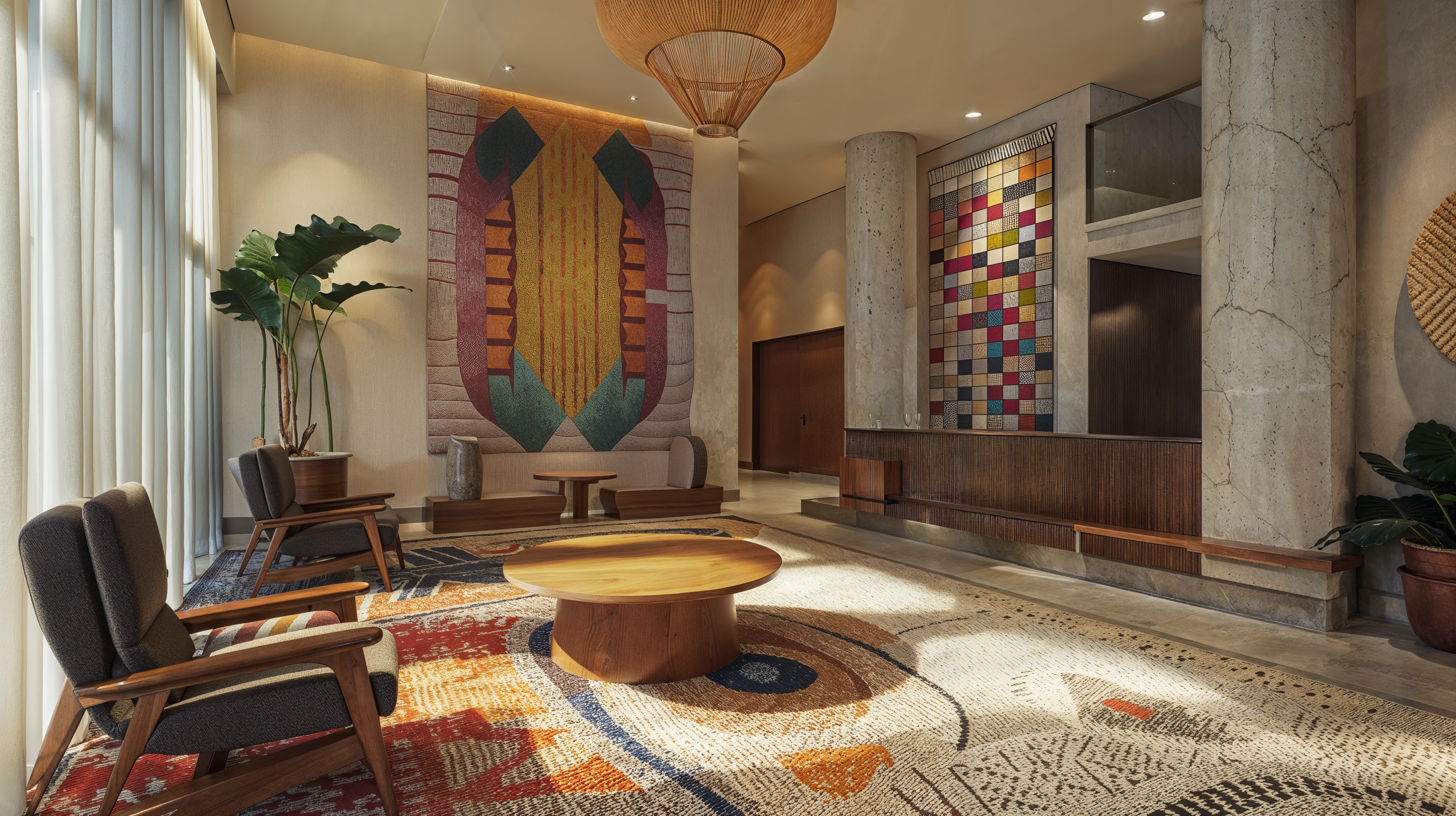 A hotel lobby that makes a bold impression with pattern area rug and tapestries hanginf on the walls. Two gray and wood chairs sit around a wooden coffee table with stone and marble floors and accents.