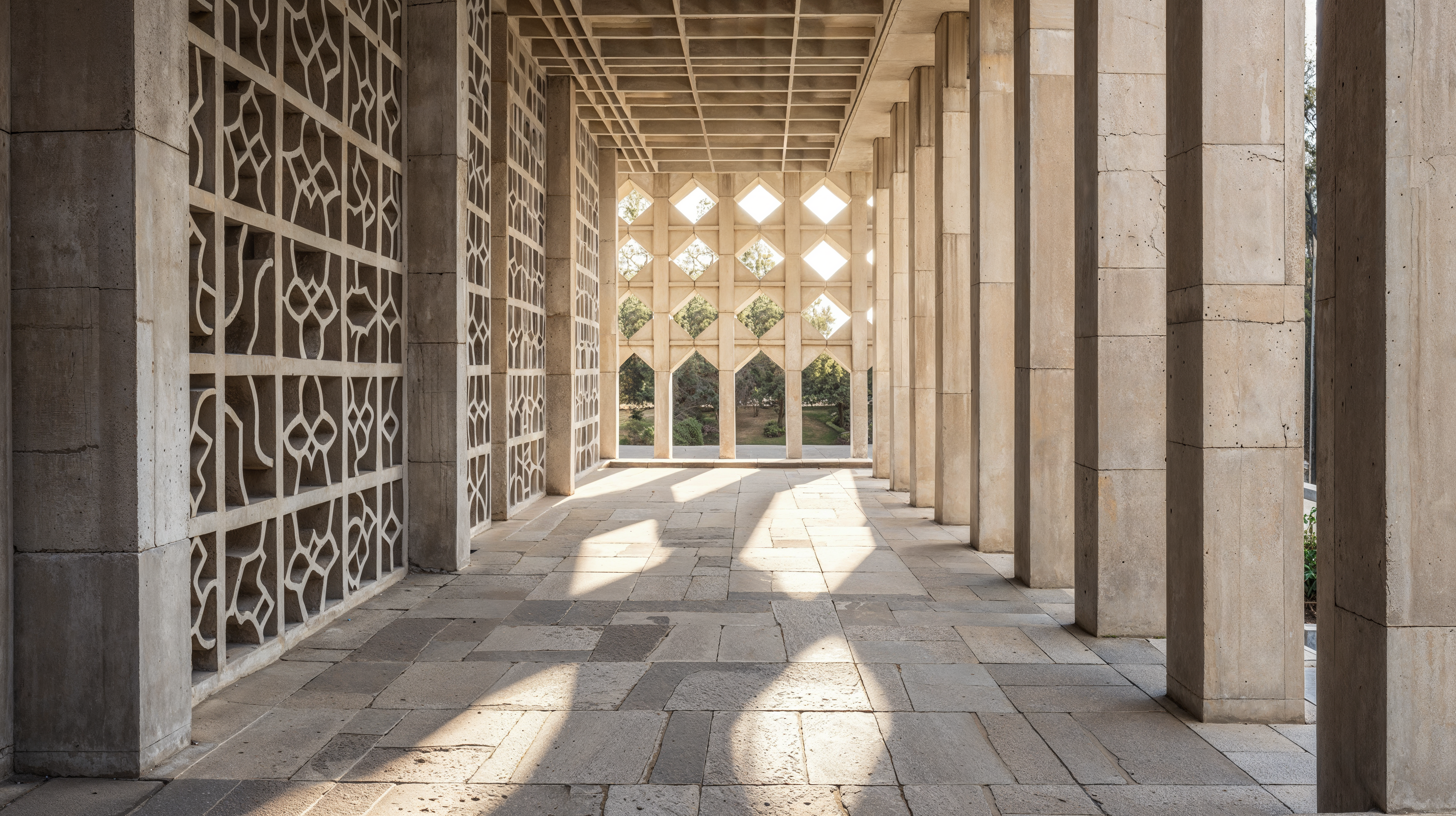 A external hallway using breeze blocks in architecture to let air and light in while creating structure and design.