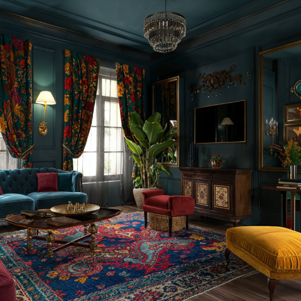 Moody colors in a living room give a dark academia vibe. Jewel tones in blues, reds and gold fill the room with patterned rugs and curtains.