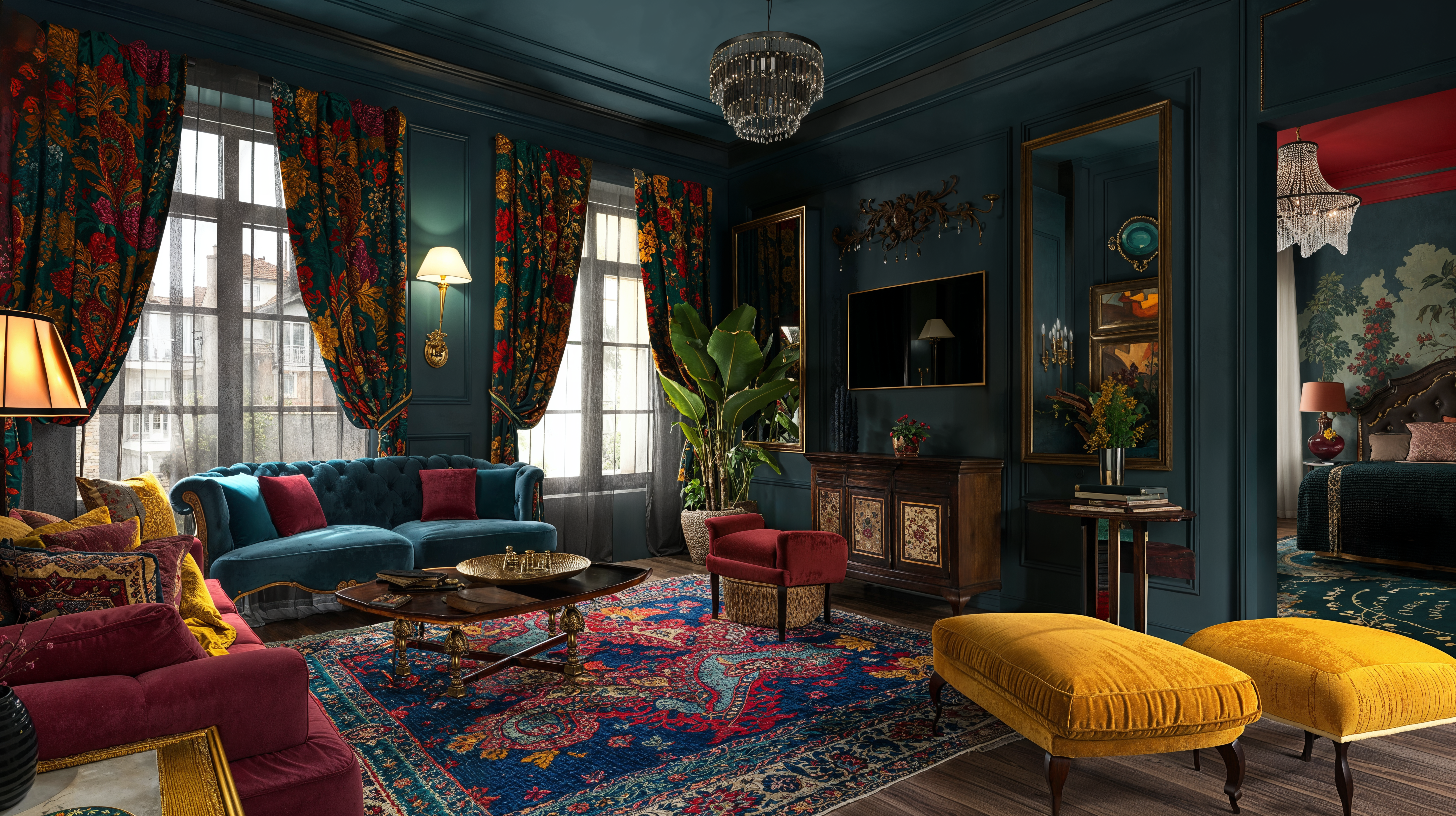 Moody colors in a living room give a dark academia vibe. Jewel tones in blues, reds and gold fill the room with patterned rugs and curtains.