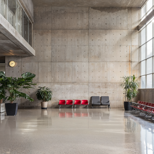 Contemporary brutalist airports gate with concrete walls, large glass windows, high ceilings and bright red chairs add a pop of color to an overall gray palette.