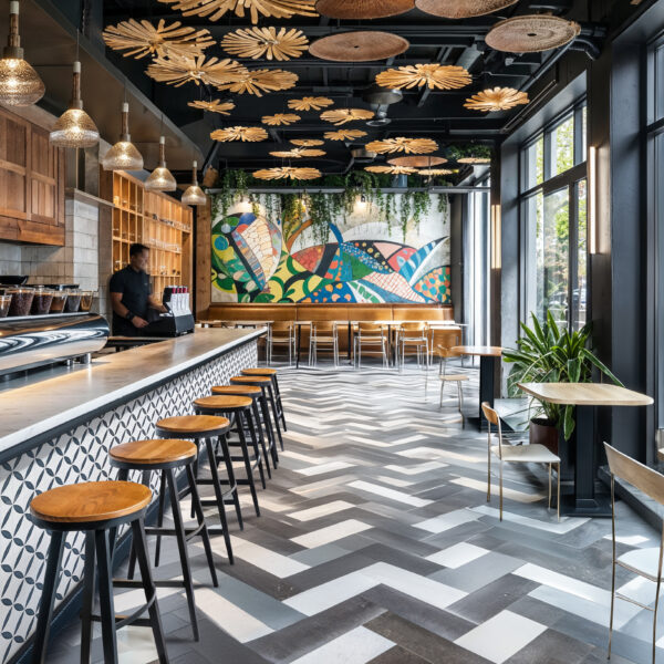 A coffee shop with black, white and gray patterned floors, a coffee bar and table seating around the rest of the room.