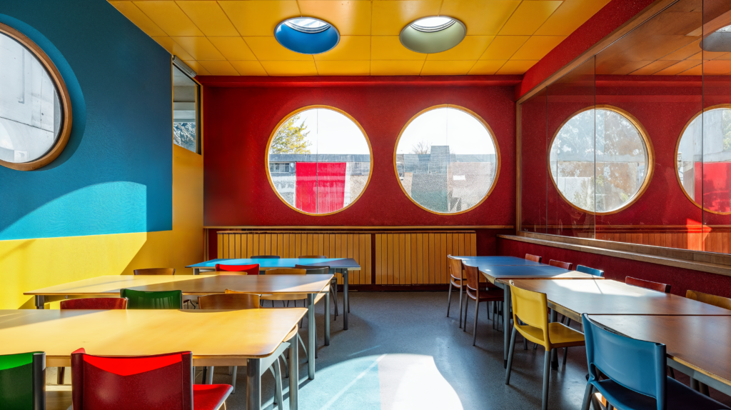 Colorful classroom space with circular windows, natural lighting, wood tables and chairs and walls in primary colors.