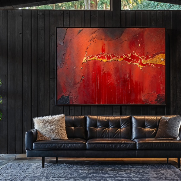 A living room with dark black couch sitting on top of a small area rug on stone floors. Shou Sugi Ban style wood paneling is on the wall.