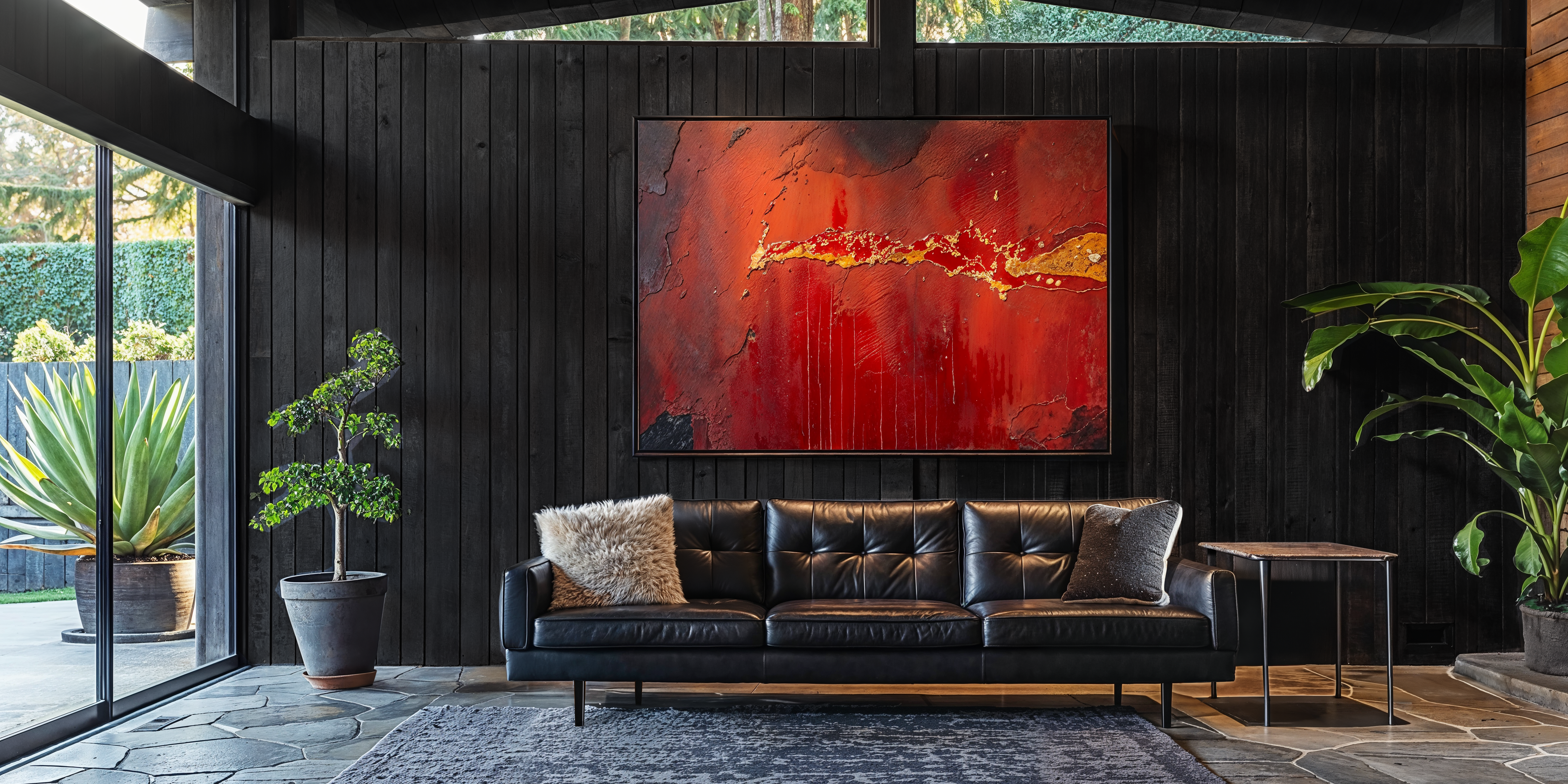 A living room with dark black couch sitting on top of a small area rug on stone floors. Shou Sugi Ban style wood paneling is on the wall.