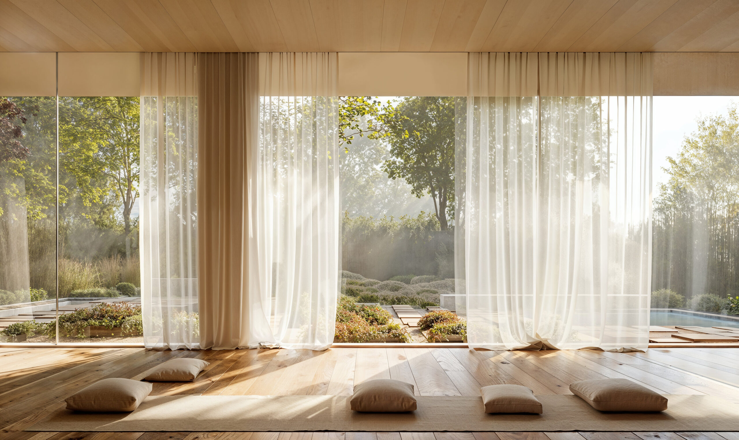 Meditation room with wood floors, woven mats and neutral colored pillows for sitting are place on the floor. A floor to ceiling wall of windows runs along one side of the room and sheer off white curtains frame sections of the glass which is looking out over a zen garden with stone pathways, plant life and a water feature.