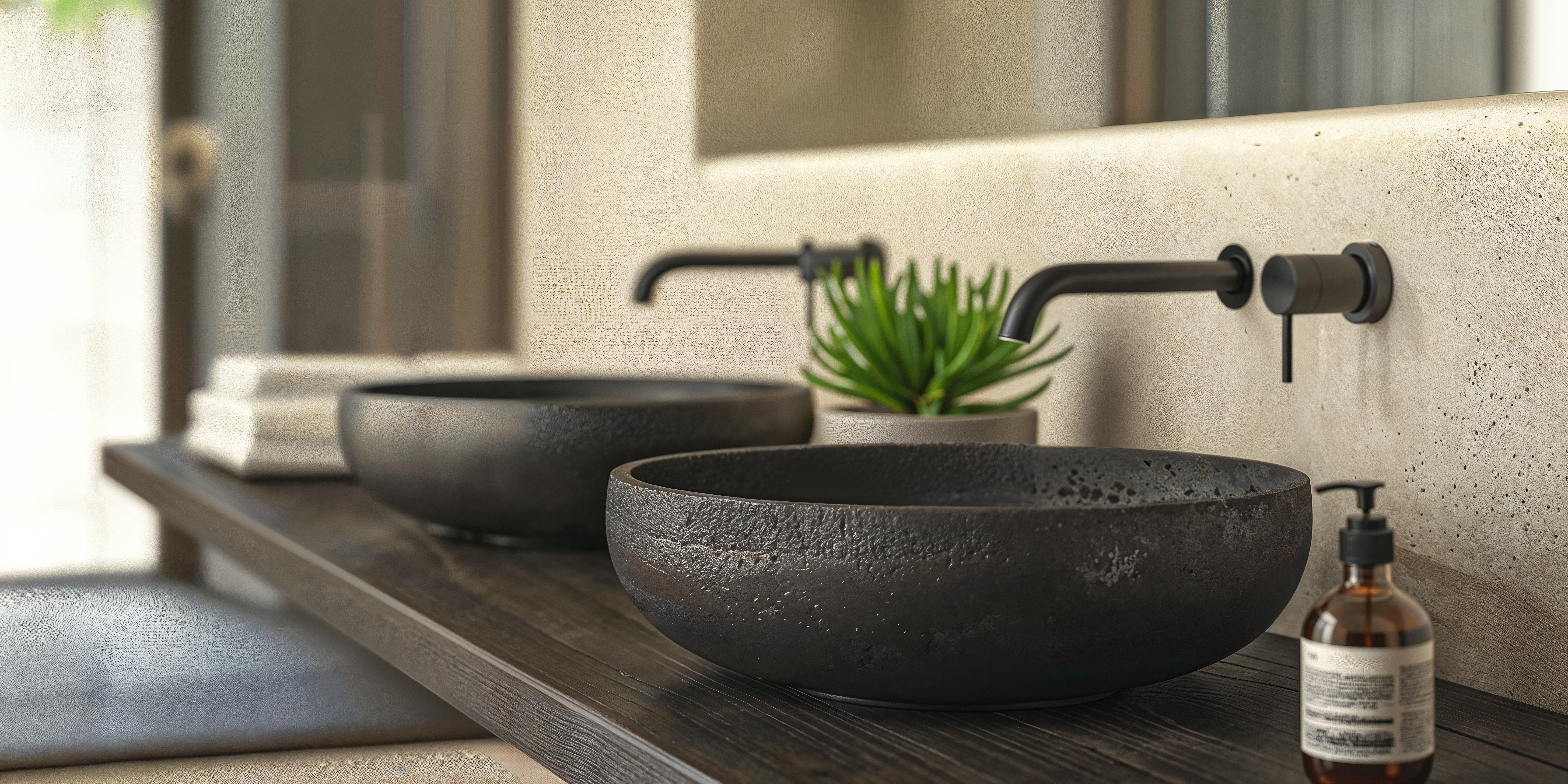 A close up shot of a minimalist bathroom with elevated bathroom fixtures.