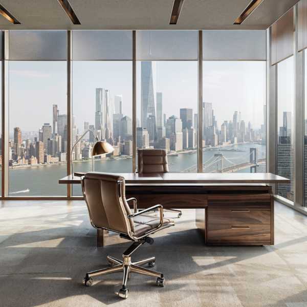 A high-rise office interior with an executive desk and chair. Floor to ceiling glass windows along two walls and a built in wooden book shelf with storage.