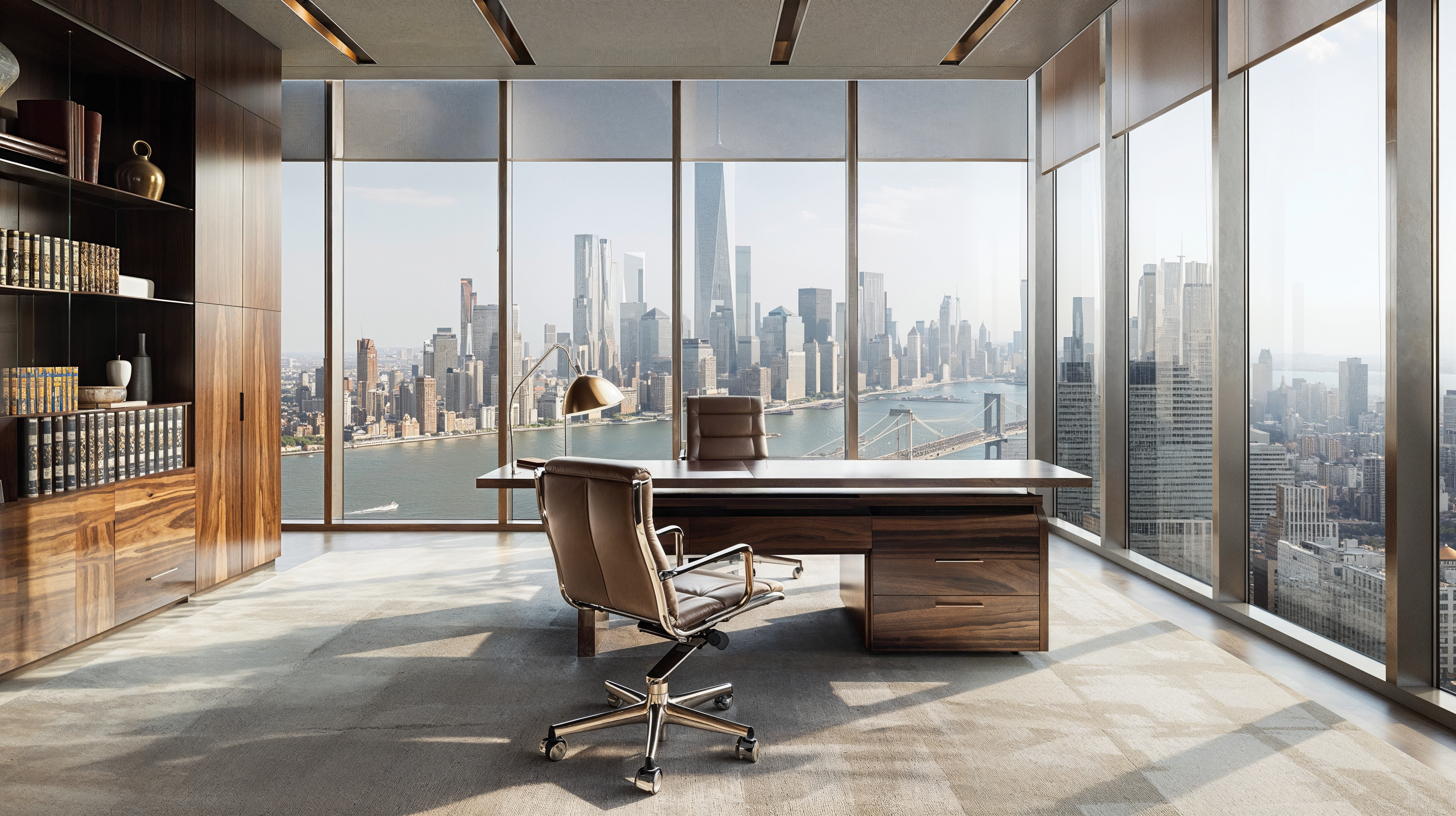 A high-rise office interior with an executive desk and chair. Floor to ceiling glass windows along two walls and a built in wooden book shelf with storage.