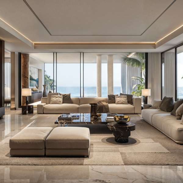 A neutral and upscale living room featuring beige and gray color palette with wood and stone floors create a quiet luxury that is also a warm space. Sliding glass doors run the entirety of two walls looking out over the ocean filling the room with light.