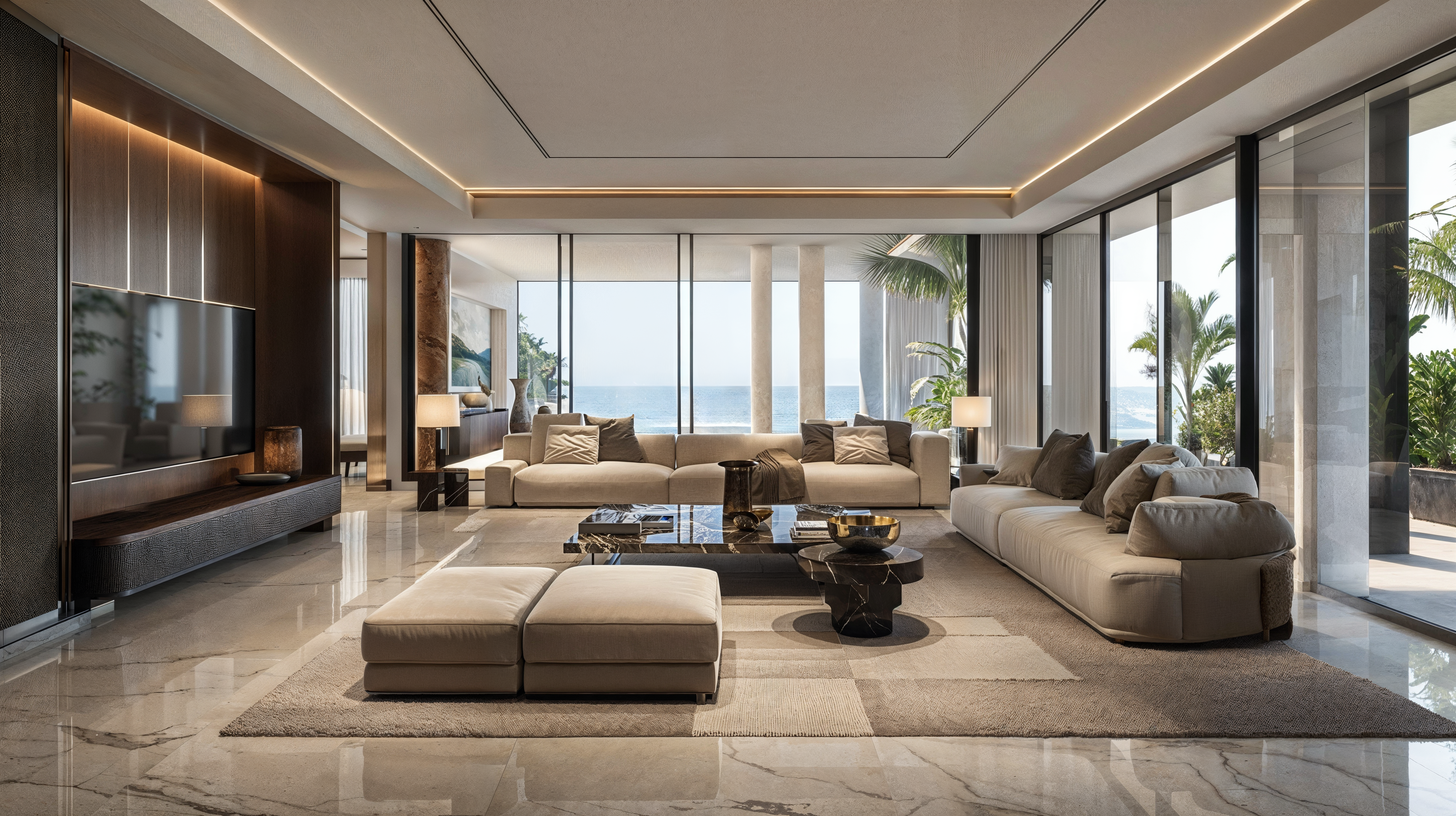 A neutral and upscale living room featuring beige and gray color palette with wood and stone floors create a quiet luxury that is also a warm space. Sliding glass doors run the entirety of two walls looking out over the ocean filling the room with light.