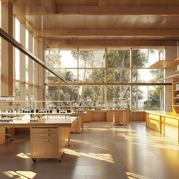 Sustainable university laboratory with modular desks, storage solution, large windows letting in natural lights and wood paneling.