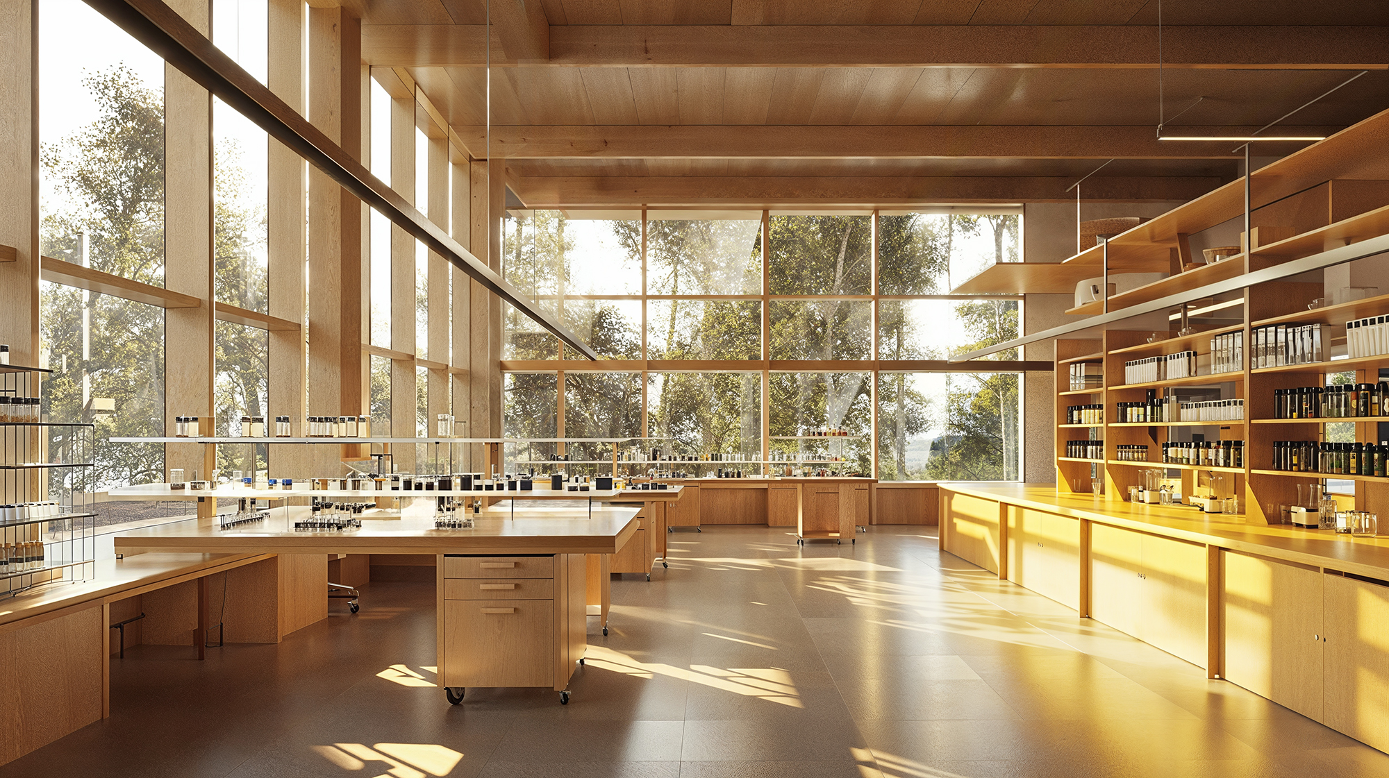 Sustainable university laboratory with modular desks, storage solution, large windows letting in natural lights and wood paneling.