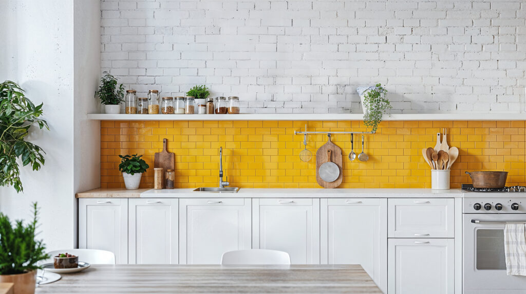 A white and yellow minimalist kitchen. Yellow subway tiles as a backsplash on white brick wall with white cabinets and counter top with a wooden table in front of it.