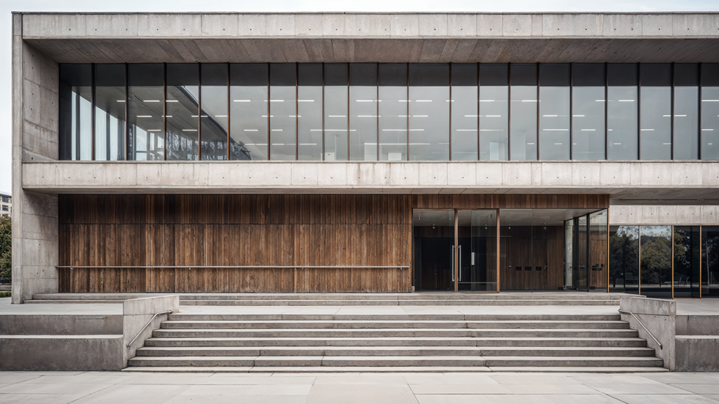 Entrance to a modernist brutalist building with a concrete and wood facade, glass windows above wooden slats, a wide staircase leading up to the main door. An example of the beauty and benefits of eco-friendly facades.