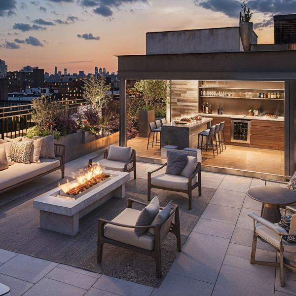 Rooftop amenities on top of an urban building, with a seating area surrounding a fire pit in the center. In the background is an outdoor kitchen space overlooking the city.