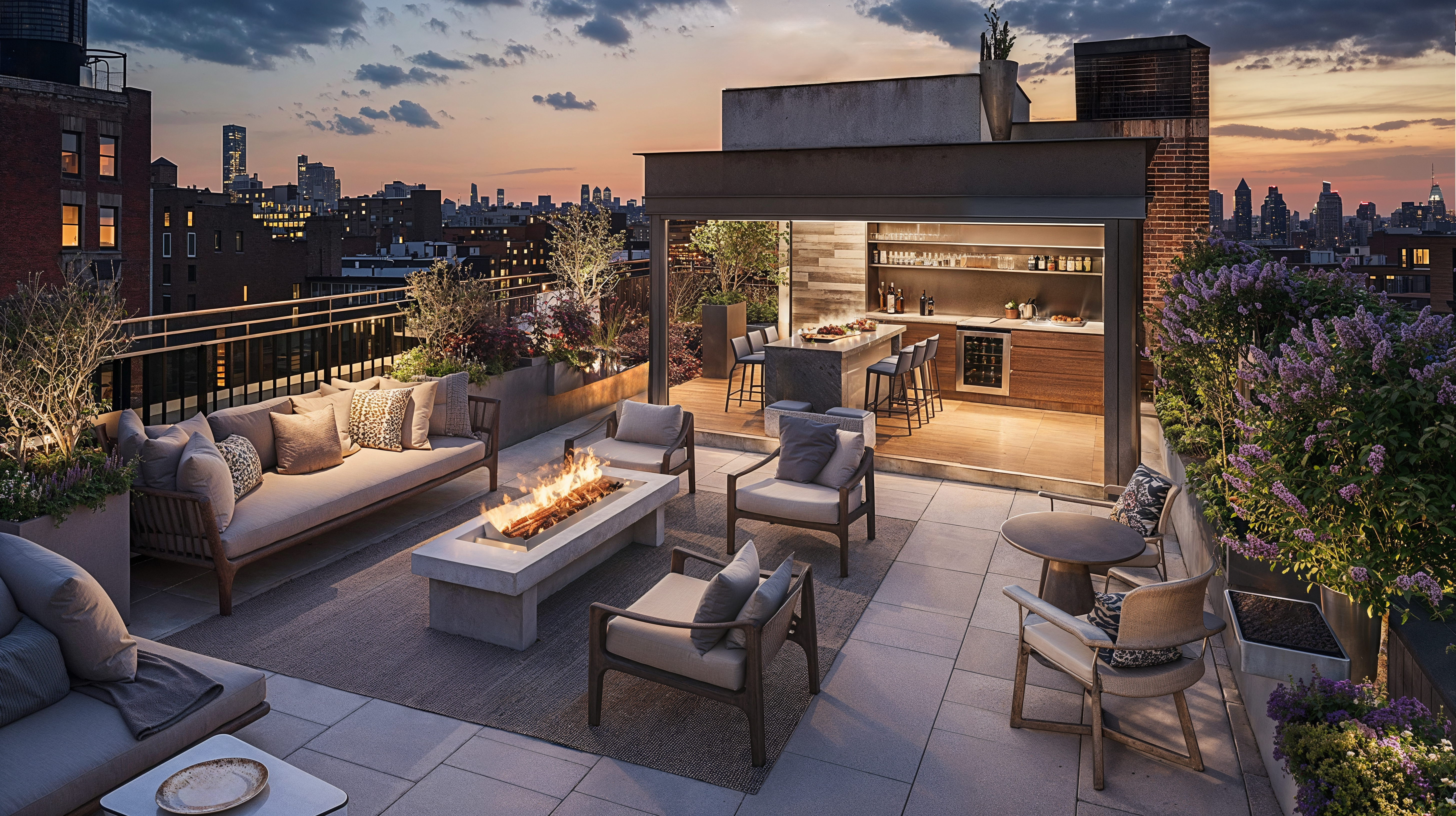 Rooftop amenities on top of an urban building, with a seating area surrounding a fire pit in the center. In the background is an outdoor kitchen space overlooking the city.