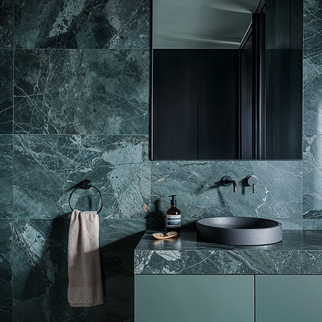 A dark green-teal marble bathroom wall and countertop with an elegant black sink, and dark green-teal matte finish cabinets create a modern elegant feel. A towel ring adds to the sophisticated style of contemporary design elements. The overall ambiance is sleek and luxurious.