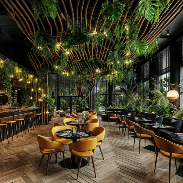 An image of biophilic restaurant design with wood floors, greenery in the ceiling panels, live walls and plants surrounding the edges of the restaurant. The bar on the left is trimmed in black and gold and round tables run parallel to the bar with a row of bench tables running along the right hand side of the room.