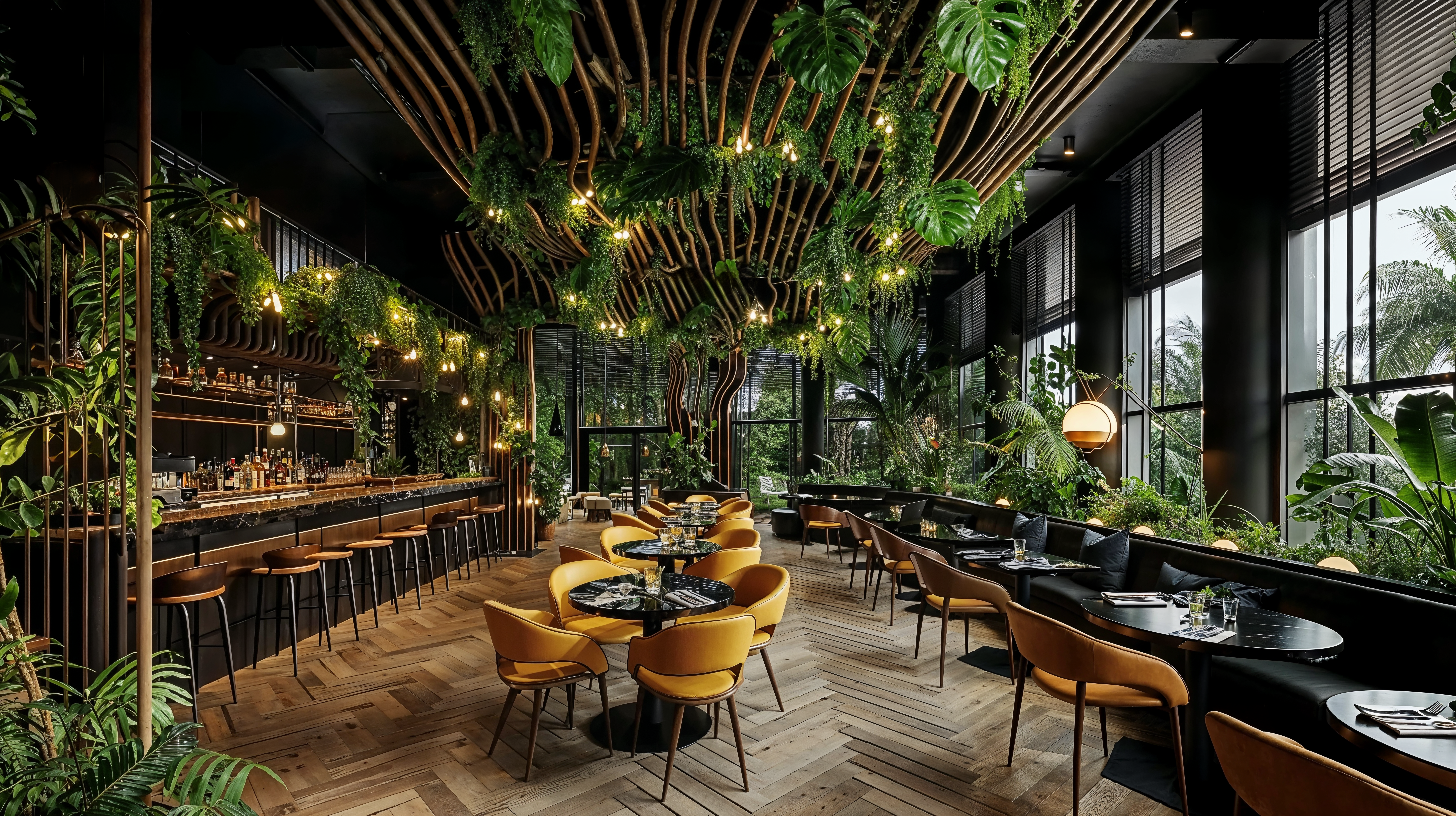 An image of biophilic restaurant design with wood floors, greenery in the ceiling panels, live walls and plants surrounding the edges of the restaurant. The bar on the left is trimmed in black and gold and round tables run parallel to the bar with a row of bench tables running along the right hand side of the room.