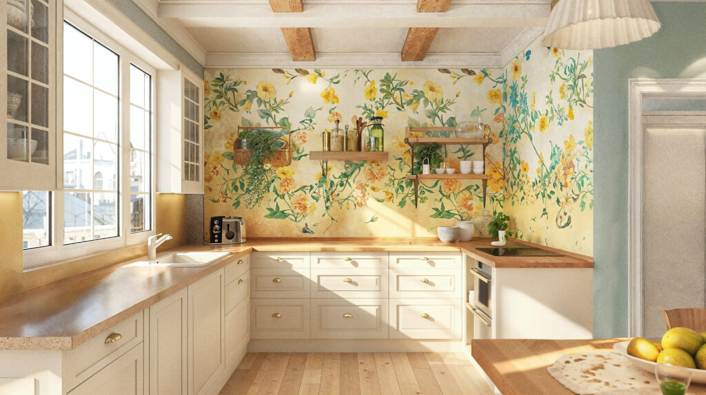 A yellow kitchen with vintage wallpaper featuring yellow and green floral patterns on the wall, complemented by white cabinets and a wooden countertop. Natural light comes through windows, creating an elegant atmosphere. 