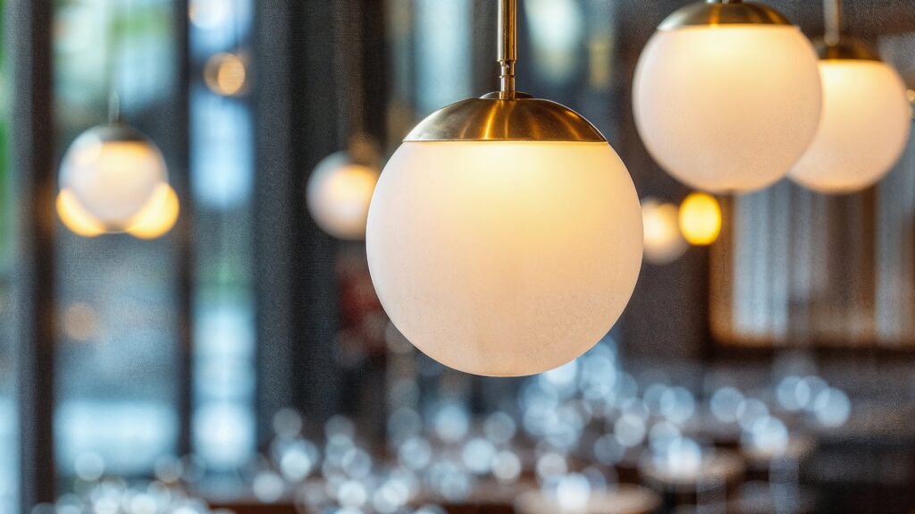 A close up photo of soft white globe pendant lights hanging in the foreground of an out of focus restaurant. 