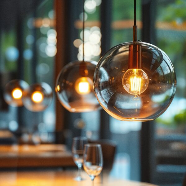 A close up photo of a line of clear globe pendant lights hanging in a restaurant.