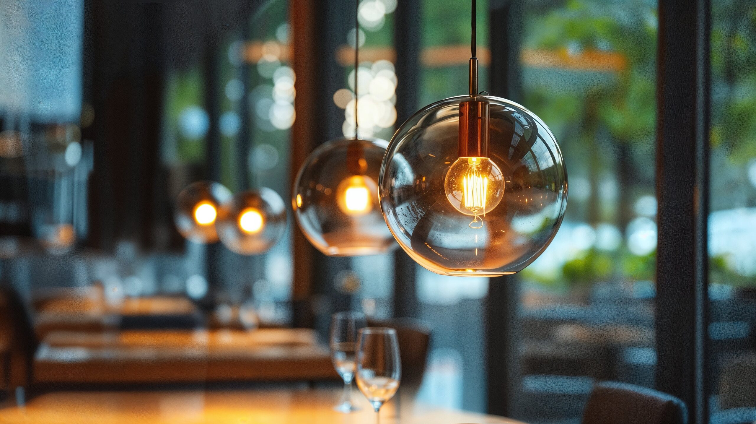 A close up photo of a line of clear globe pendant lights hanging in a restaurant.