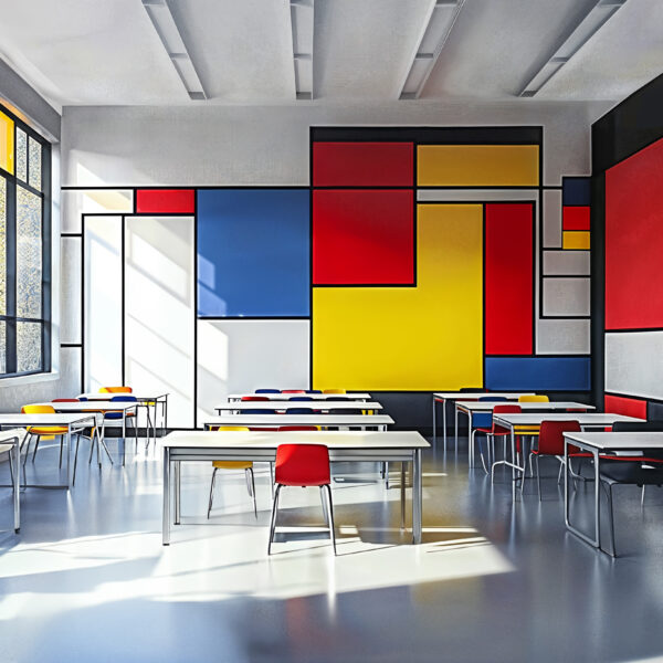 Modern Art-Inspired Classroom Design with bold colors on the wall in red , blue, yellow geometric square design. Rows of desks with bold colored chairs.