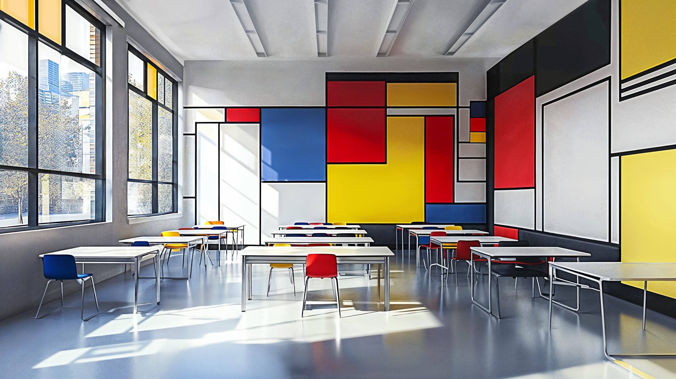 Modern Art-Inspired Classroom Design with bold colors on the wall in red , blue, yellow geometric square design. Rows of desks with bold colored chairs.