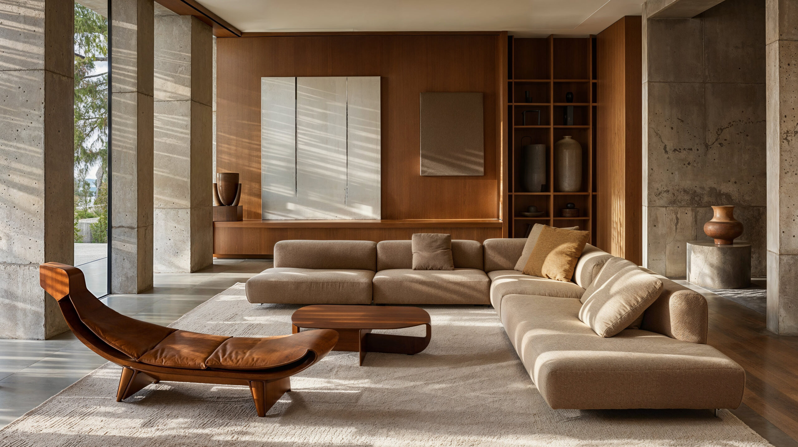 Taking a queue from the trends seen at High Point Market 2024, this neutral living room has an L shaped beige couch with a brown wood coffee table and a brown lounge chair sitting on top of a white rug.