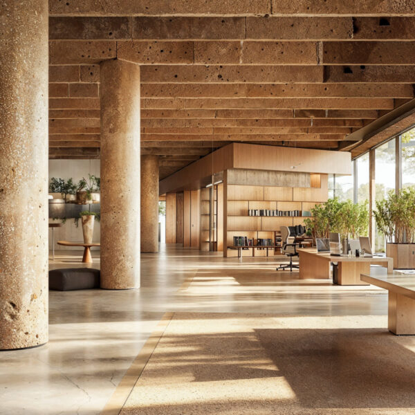 A sustainable office using green building materials. Stone floors, bamboo wood paneling on the walls, wood large confrence tables, cork accents.