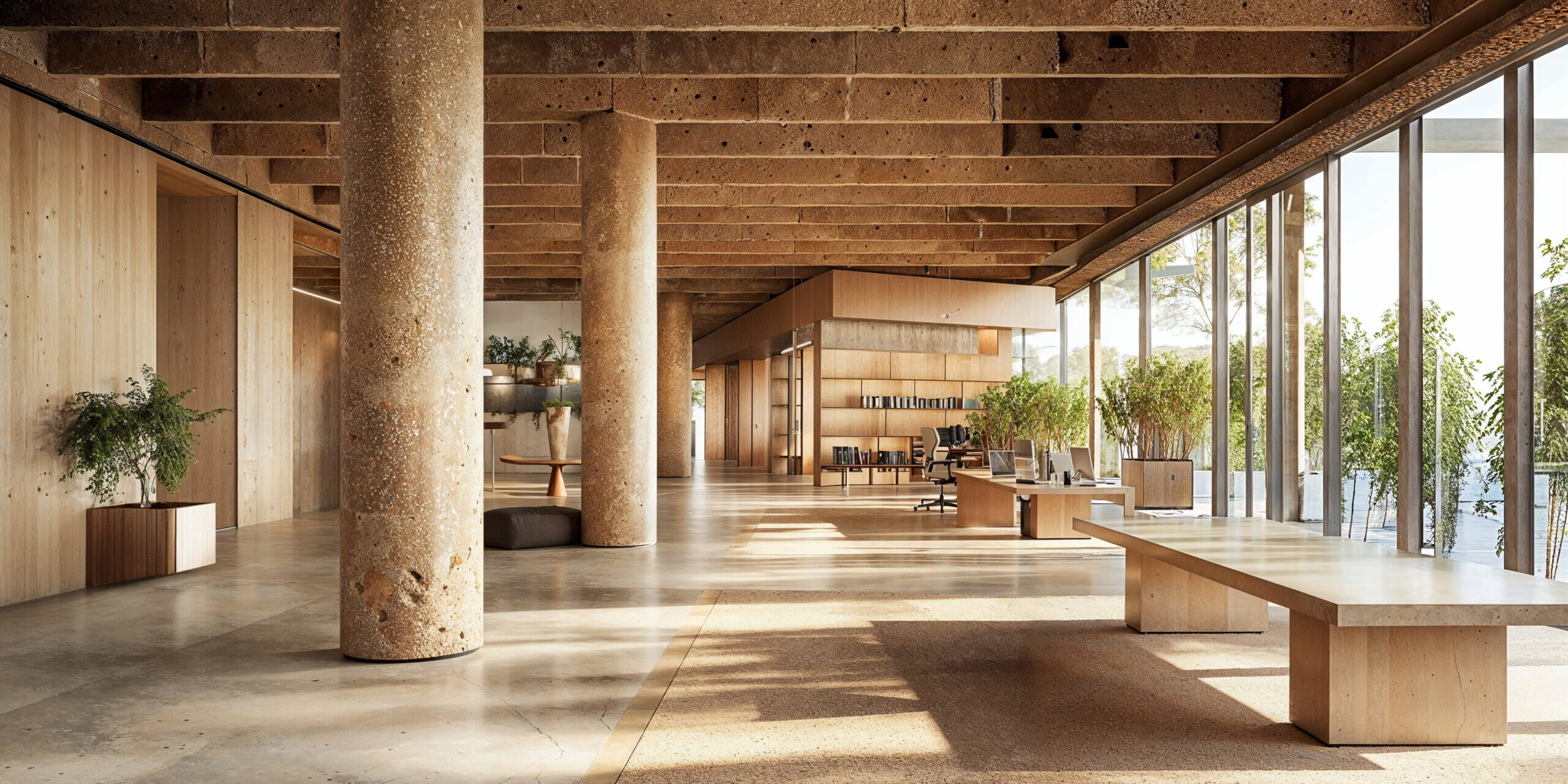 A sustainable office using green building materials. Stone floors, bamboo wood paneling on the walls, wood large confrence tables, cork accents.