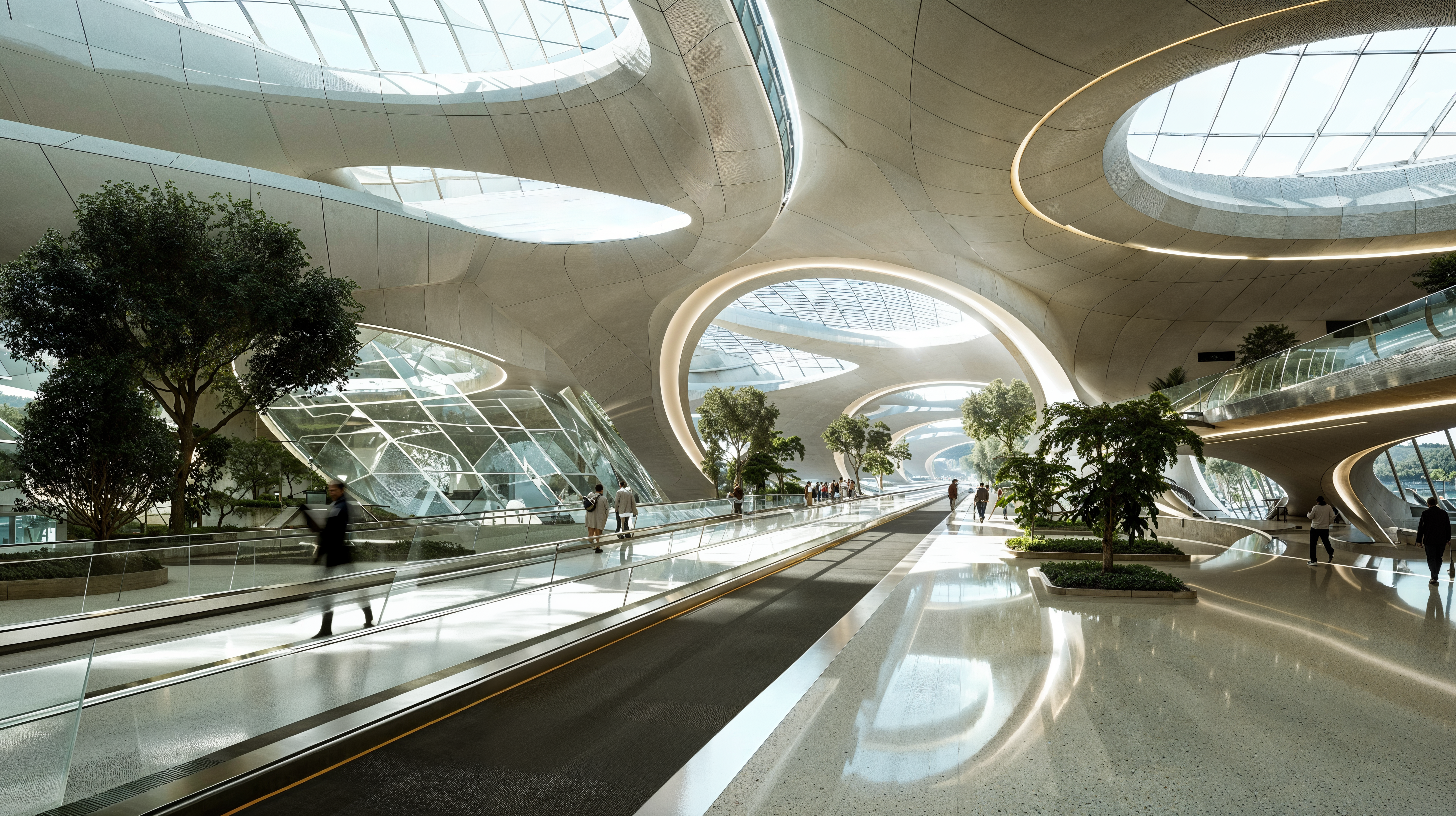 An image of a contemporary design of an airport with an abundance of natural light and trees growing inside highlighting the use of natural ventilation in commercial architecture.