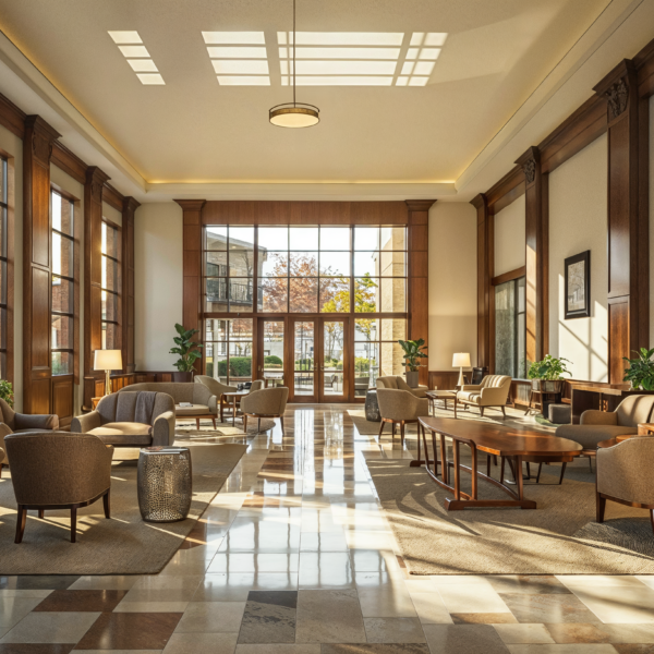 A university dormitory lounge with high-end furniture and finishes in an elevated learning environment.