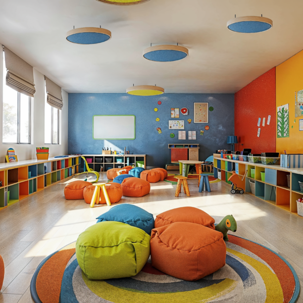 A vibrant classroom design that inspires learning. Walls that are red, yellow and blue. Cubbies for organization and materials through out in various colors and textures.