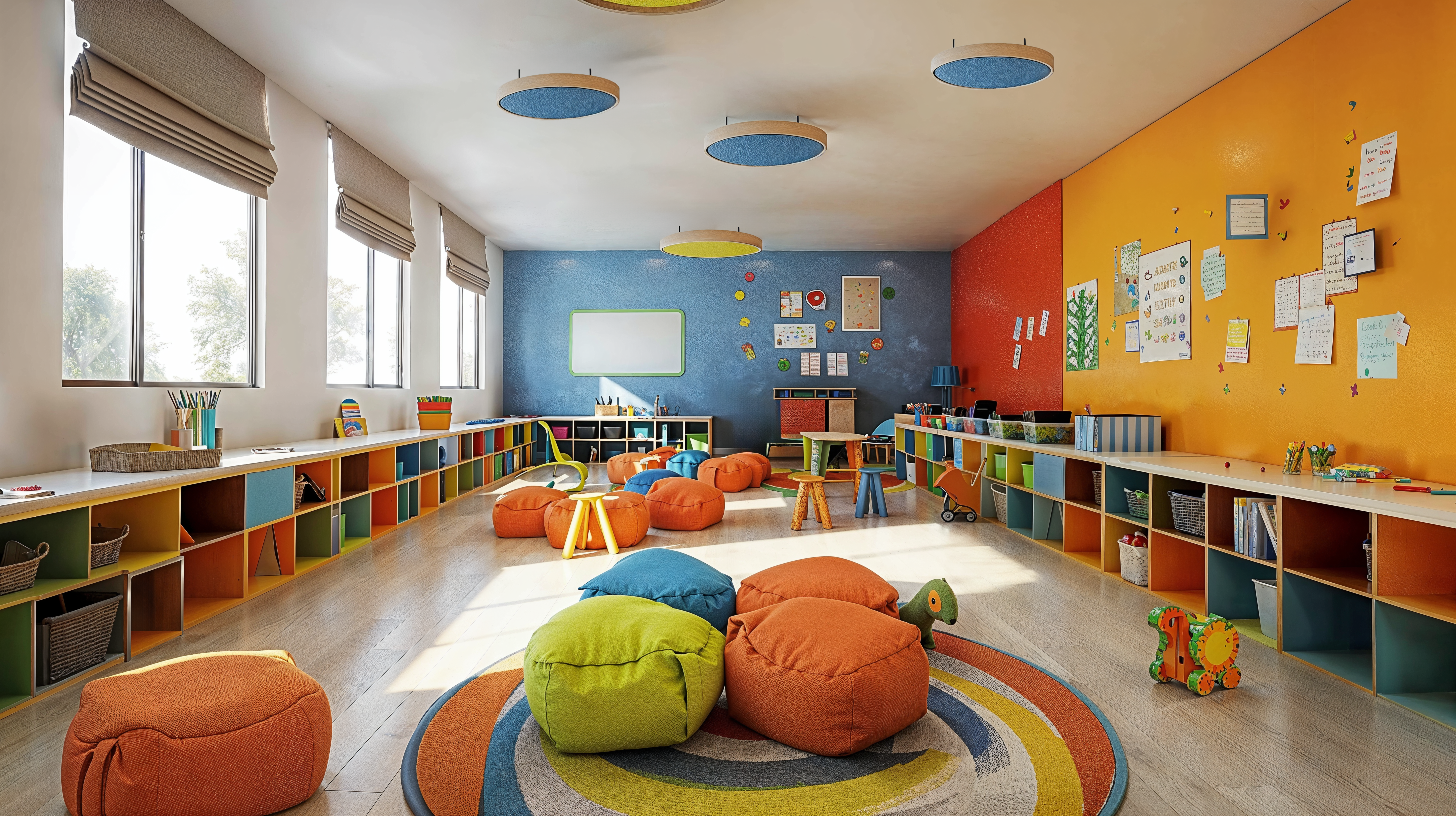 A vibrant classroom design that inspires learning. Walls that are red, yellow and blue. Cubbies for organization and materials through out in various colors and textures.