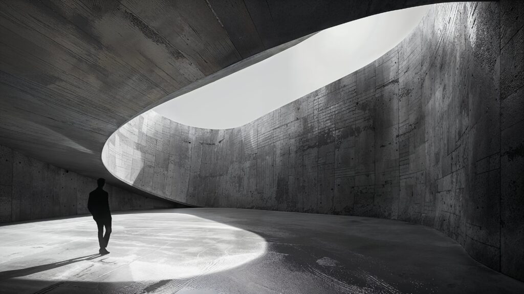 black and white image of a man standing in a concrete room with a large conceptual ceiling with a large oval opening creating a circle of light reflected below that the person is standing in. 