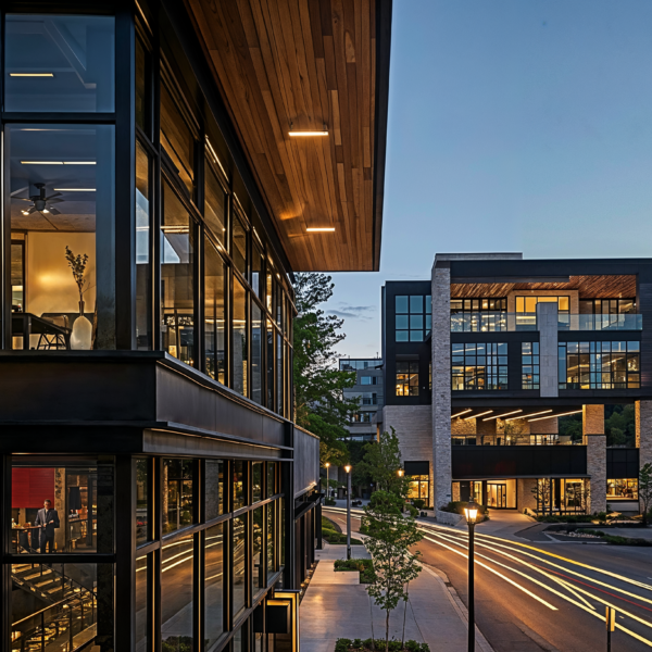 An images of a mini town within a mixed-used residential property. Showcasing a building with different uses combining retail, residential, work spaces and more all within one complex.