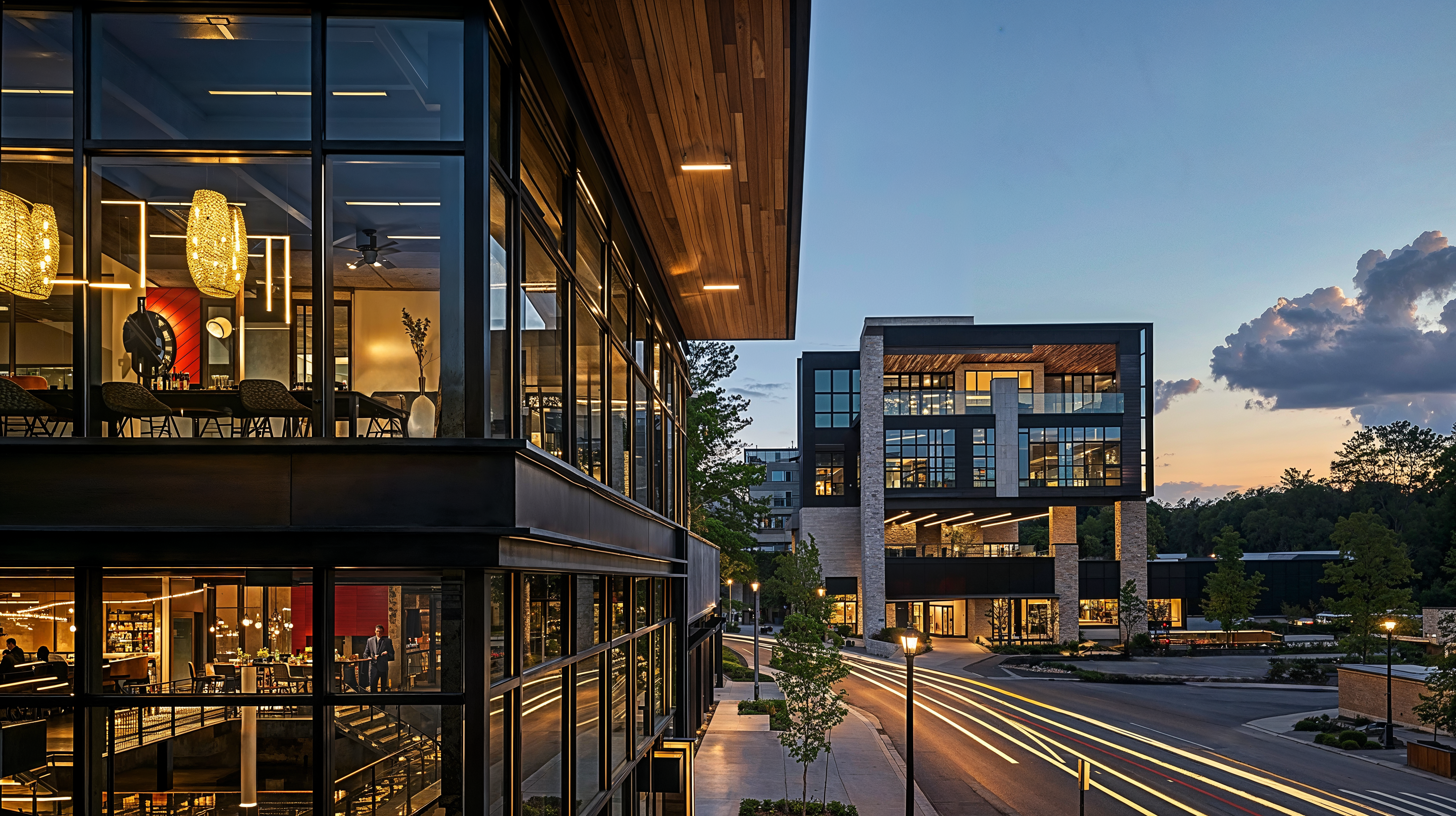 An images of a mini town within a mixed-used residential property. Showcasing a building with different uses combining retail, residential, work spaces and more all within one complex.