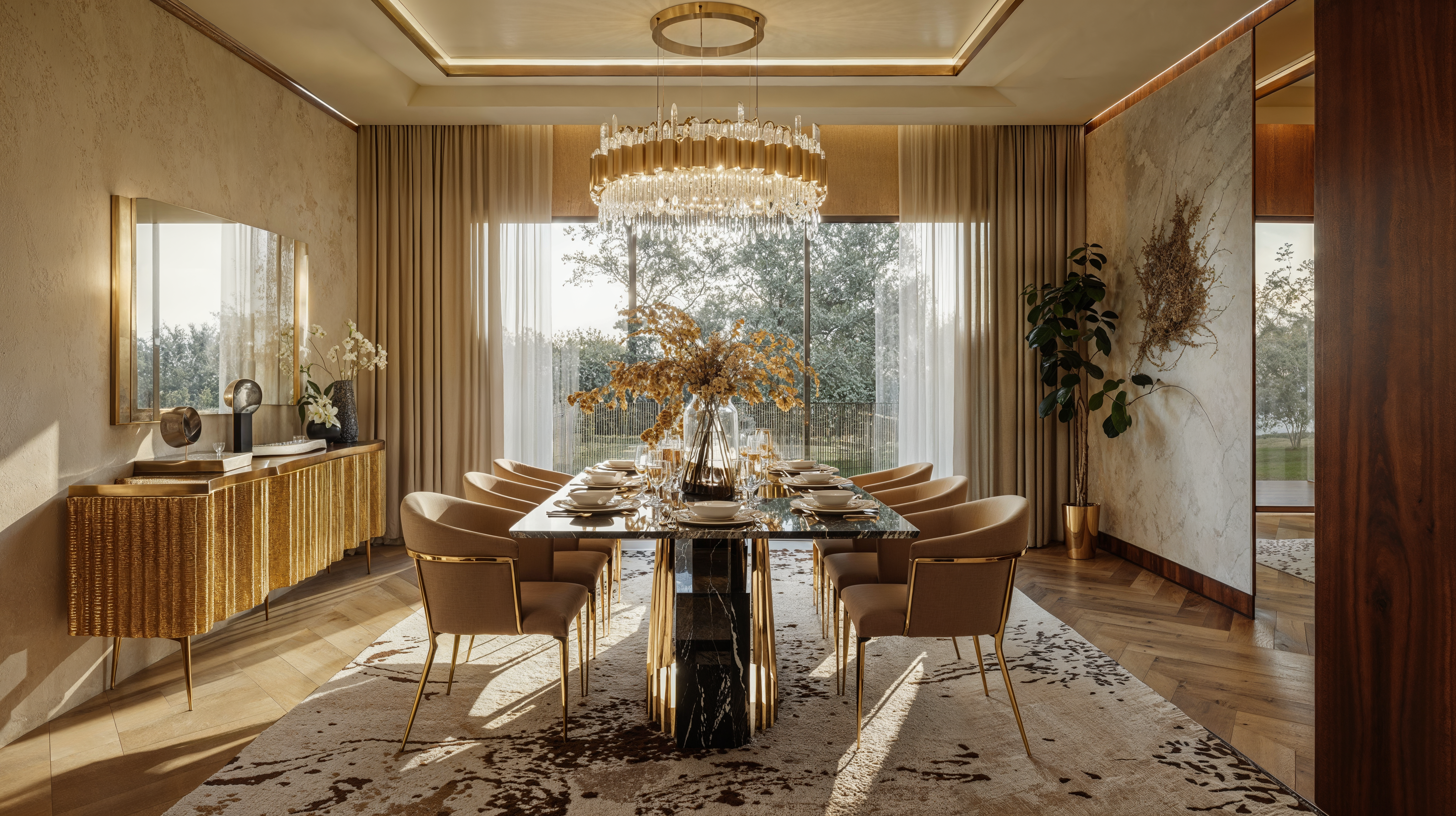 A decadent dining room with wood floors, beige, brown and cream carpet sitting underneath and black marble dining table with gold accents. A glass and gold chandelier hangs from the ceiling.