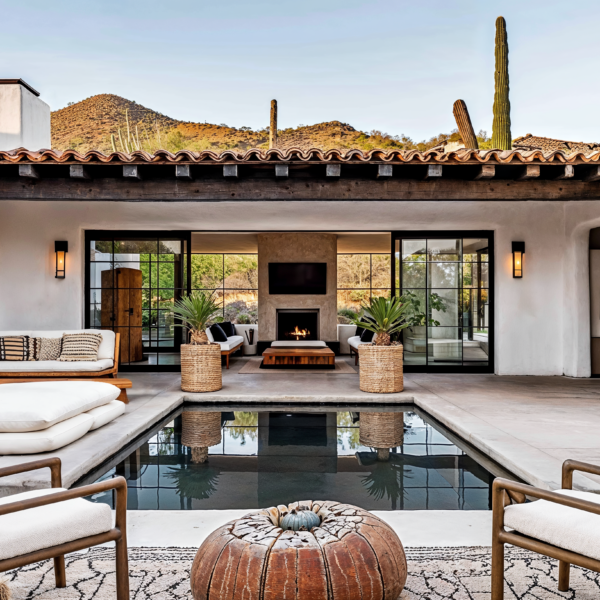 Mohave inspired materials shown in an image of the back of a house. A patio featuring a pool surrounded by furniture, outdoor rugs and and planters in the desert