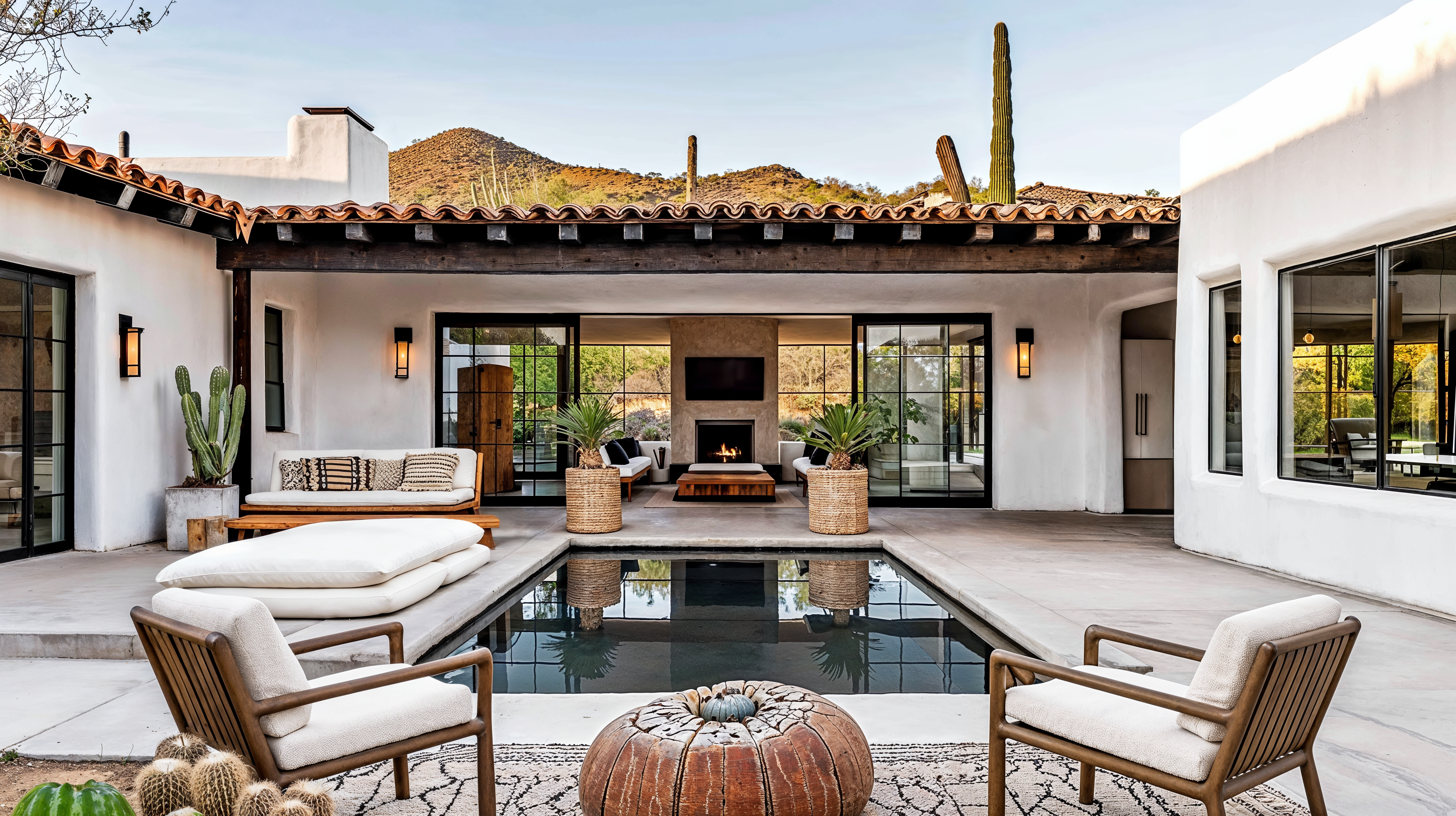 Mohave inspired materials shown in an image of the back of a house. A patio featuring a pool surrounded by furniture, outdoor rugs and and planters in the desert