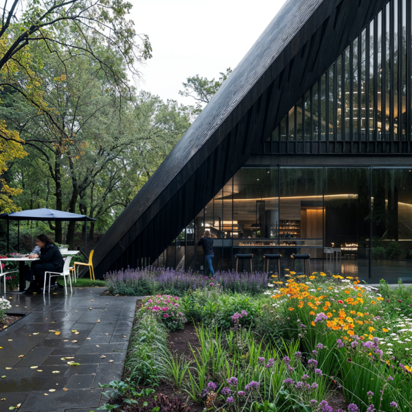 A botanical garden cafe with an A frame design with dining areas both inside and and out. Stone walkways with flowers surrounding the exterior.