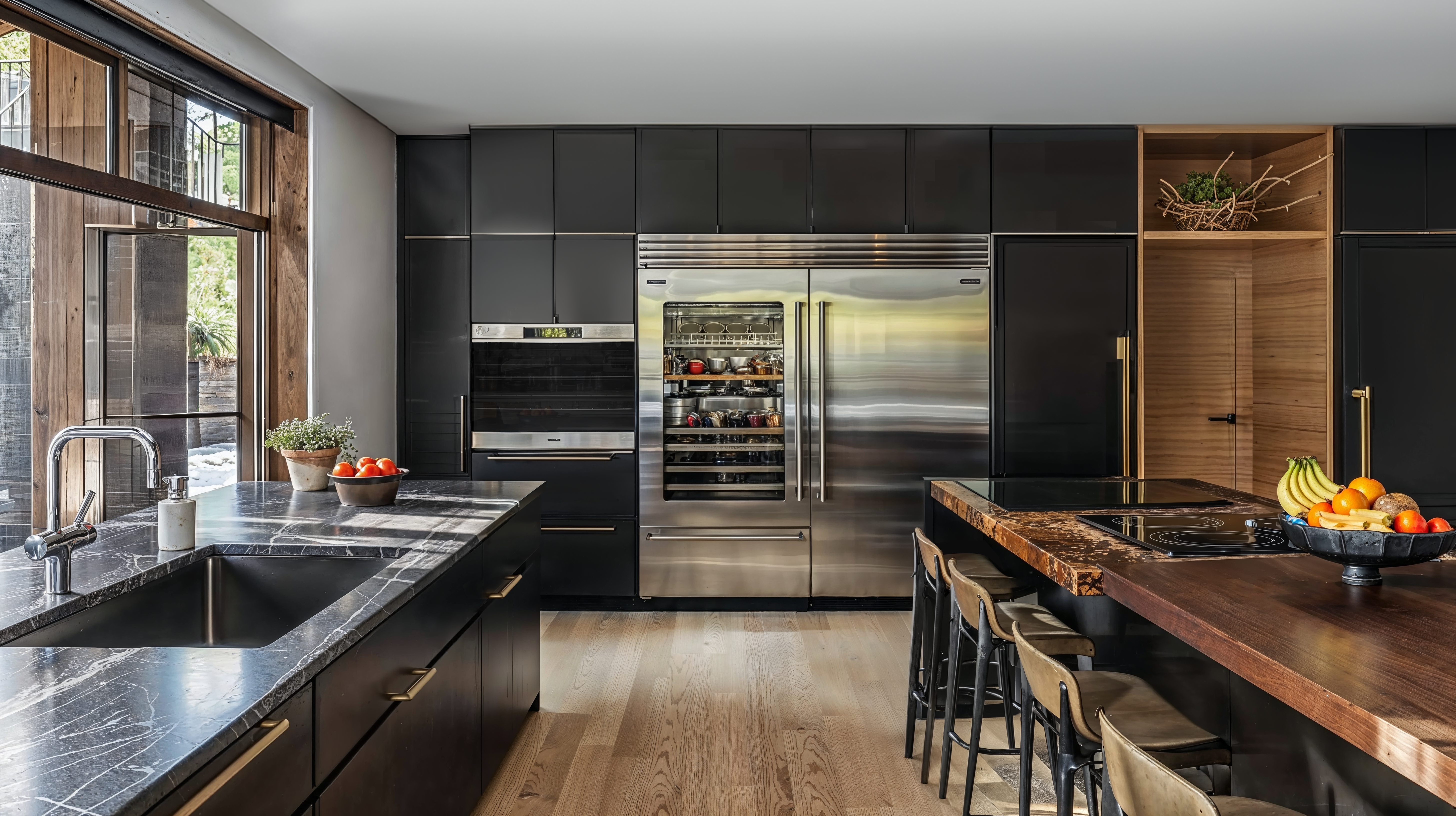 A gourmet kitchen with wood floors, gray and white marble counter tops around sink facing windows to the outside. Stainless steel refrigerator and oven.