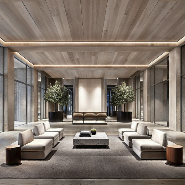 A luxurious lobby featuring neutral beige materials. Wood flooring, gray rug, beige seating areas and large windows on both sides of the room.