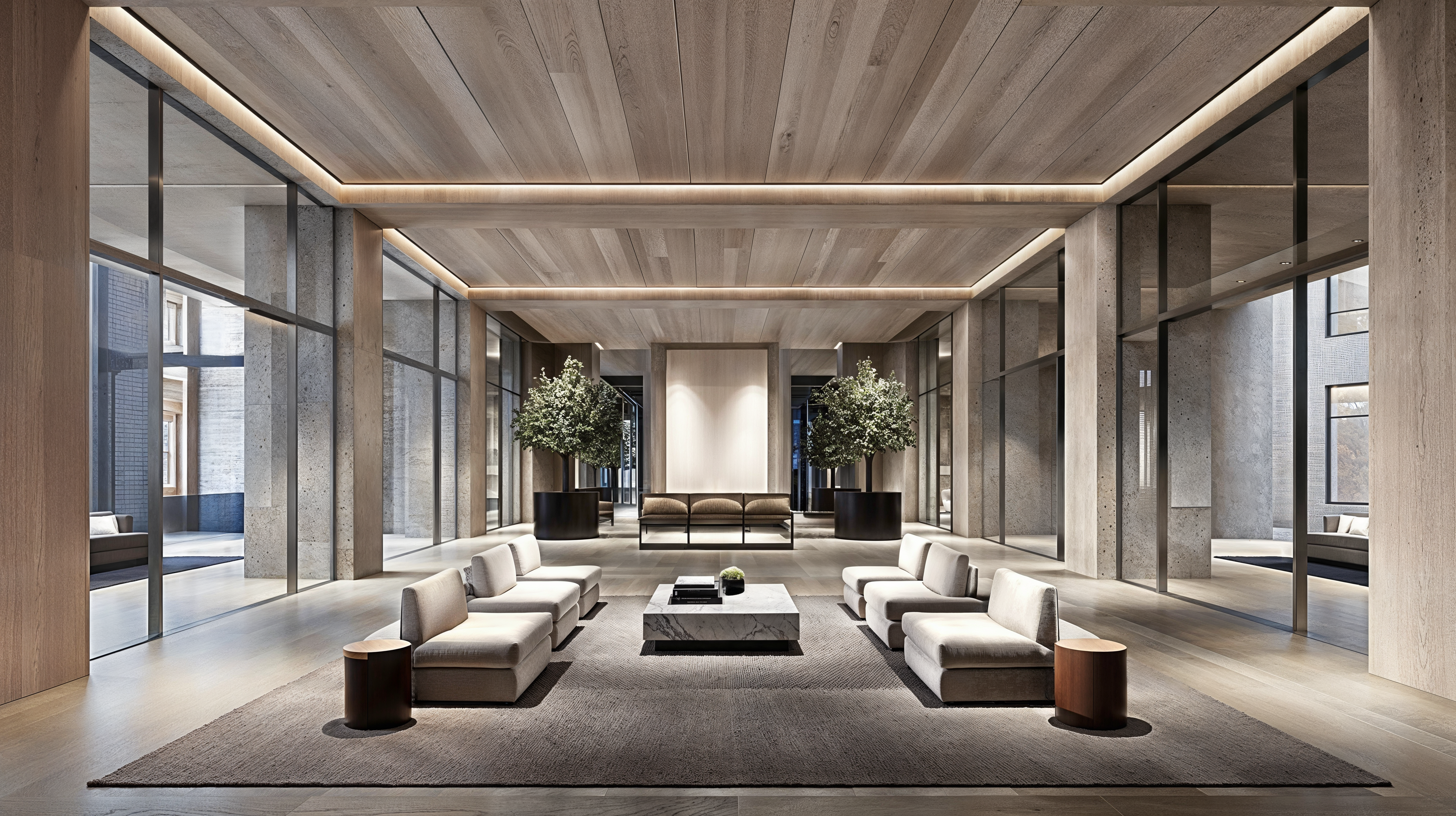 A luxurious lobby featuring neutral beige materials. Wood flooring, gray rug, beige seating areas and large windows on both sides of the room.